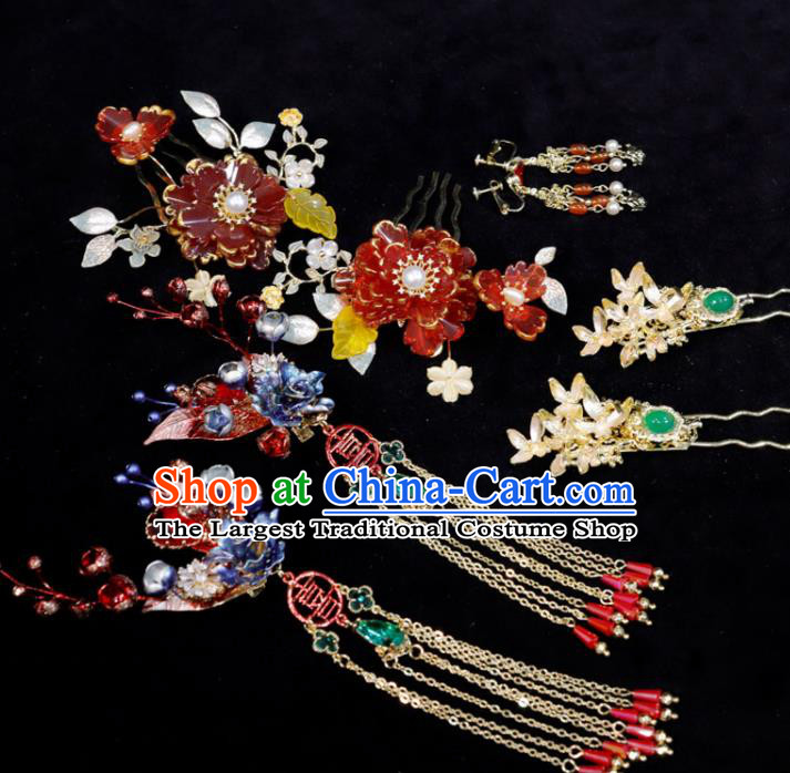 Chinese Handmade Wedding Headpieces Xiuhe Suits Hair Accessories Ancient Bride Tassel Hairpin Classical Red Peony Hair Combs