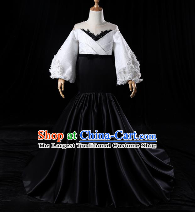 Top Catwalks Compere Black Trailing Evening Dress Girl Performance Fashion Garment Children Stage Show Formal Clothing