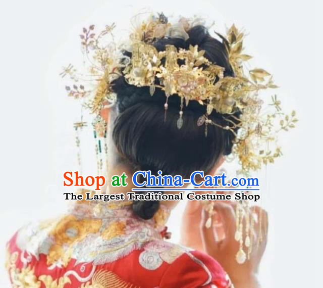 Chinese XiuHe Headpieces Handmade Wedding Hair Accessories Ancient Bride Hair Crown Classical Golden Phoenix Coronet