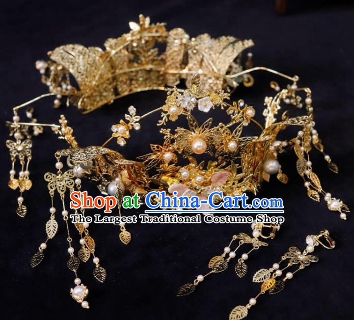 Chinese XiuHe Headpieces Handmade Wedding Hair Accessories Ancient Bride Hair Crown Classical Golden Phoenix Coronet