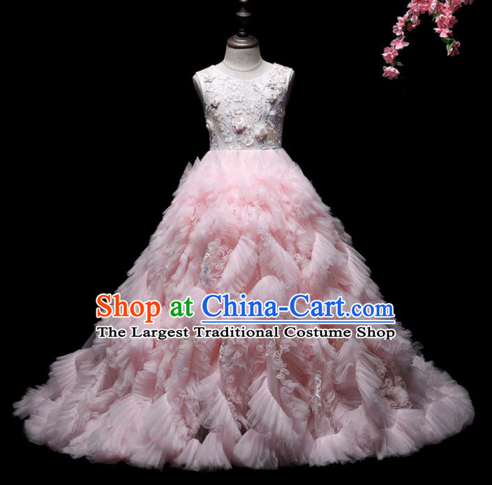 Top Children Stage Show Formal Clothing Catwalks Pink Veil Trailing Evening Dress Girl Princess Fashion Garment