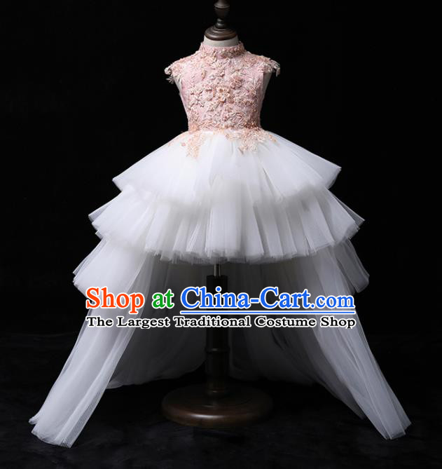 Top Children Birthday Formal Clothing Girl Catwalks White Veil Trailing Evening Dress Princess Fashion Garment