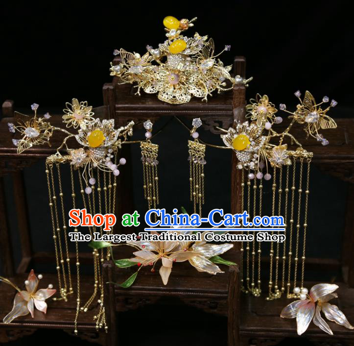 Chinese Handmade Wedding Headdress Traditional XiuHe Hair Accessories Ancient Bride Golden Hair Comb Classical Tassel Hairpins