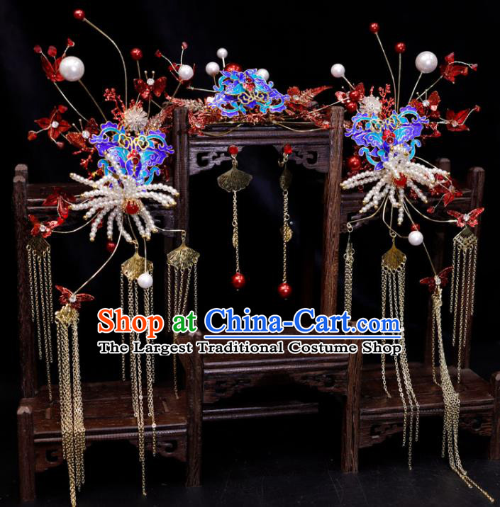 Chinese Handmade Wedding Headpieces Ming Dynasty Hair Accessories Ancient Bride Hair Comb Classical Cloisonne Hairpins