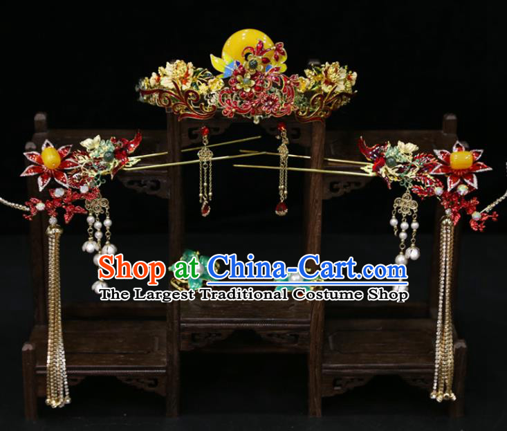 Chinese Classical Tassel Hairpins Handmade Wedding Headdress Traditional XiuHe Hair Accessories Ancient Bride Cloisonne Red Hair Crown Full Set