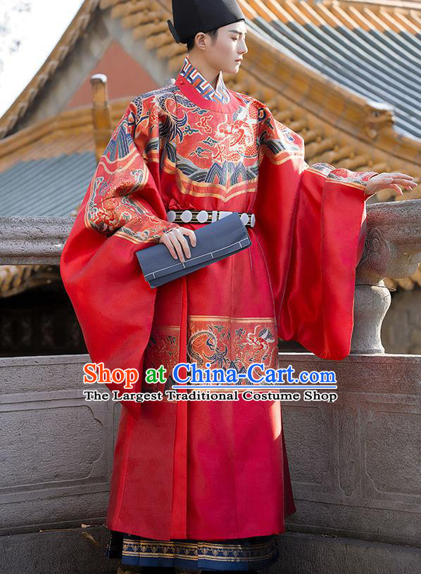 China Ancient Young Male Garment Costume Ming Dynasty Red Official Robe Traditional Wedding Historical Clothing