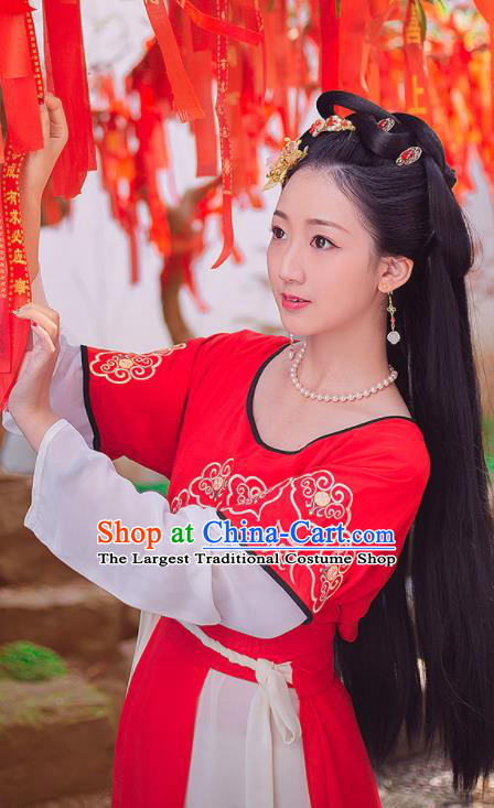 China Ancient Young Beauty Red Hanfu Dress Tang Dynasty Civilian Lady Garment Costumes Traditional Court Dance Historical Clothing