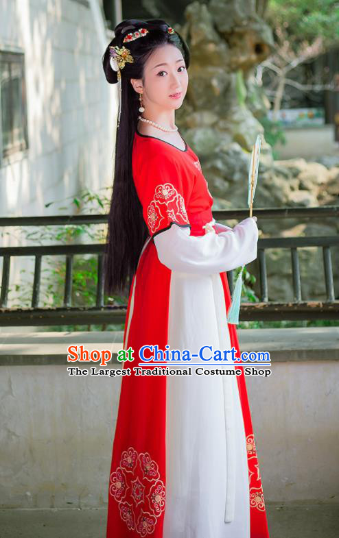 China Ancient Young Beauty Red Hanfu Dress Tang Dynasty Civilian Lady Garment Costumes Traditional Court Dance Historical Clothing