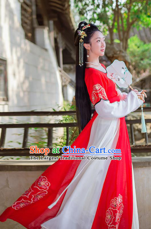 China Ancient Young Beauty Red Hanfu Dress Tang Dynasty Civilian Lady Garment Costumes Traditional Court Dance Historical Clothing