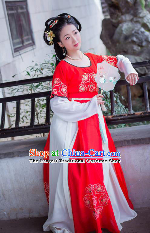 China Ancient Young Beauty Red Hanfu Dress Tang Dynasty Civilian Lady Garment Costumes Traditional Court Dance Historical Clothing