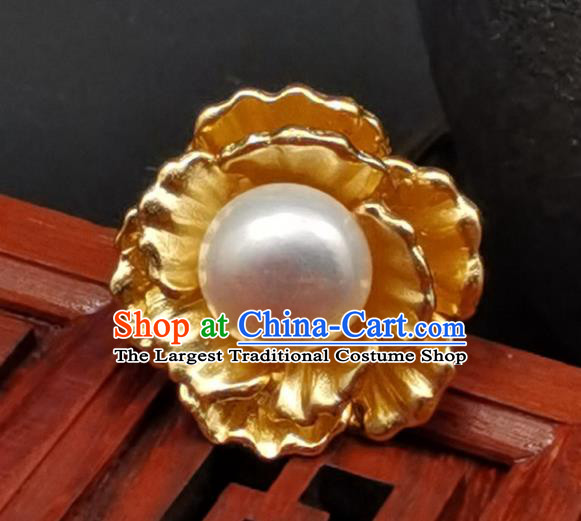China Traditional Gilding Silver Peony Hairpin Ancient Empress Pearl Hair Stick Classical Hanfu Headpiece Handmade Hair Accessories