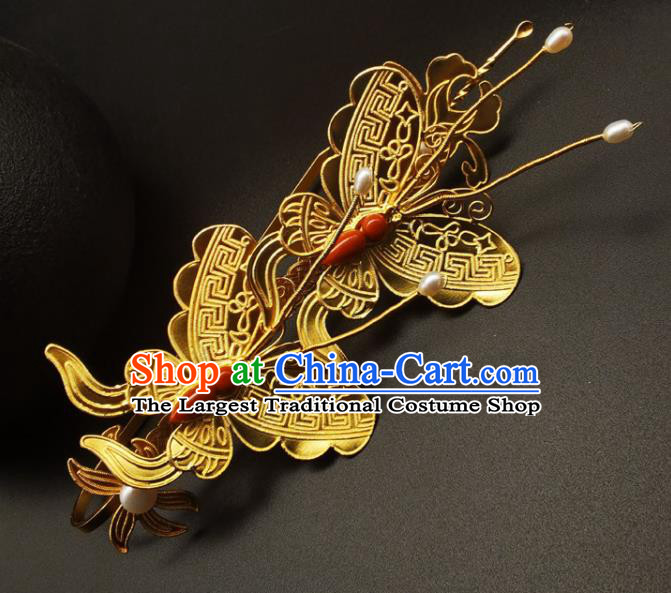 Chinese Traditional Wedding Hair Accessories Ancient Empress Agate Butterfly Hairpin Classical Gilding Hair Stick Handmade Ming Dynasty Headpiece