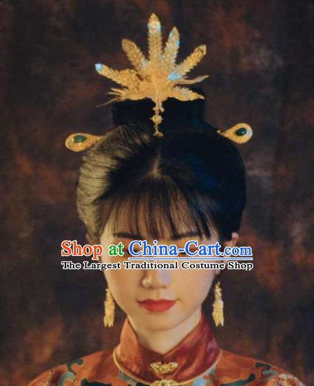 Chinese Handmade Ming Dynasty Headpiece Traditional Wedding Hair Accessories Ancient Princess Gilding Phoenix Hairpin Classical Tassel Hair Crown