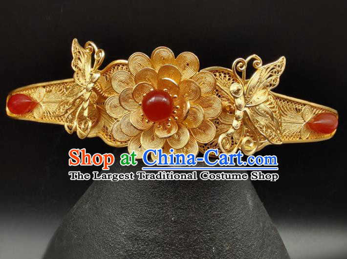 Chinese Ancient Princess Gilding Peony Hairpin Classical Hair Crown Handmade Ming Dynasty Headpiece Traditional Wedding Hair Accessories