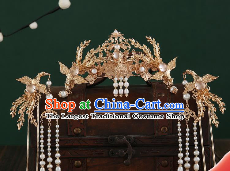 Chinese Classical Wedding Golden Phoenix Hair Crown Handmade Ming Dynasty Headpieces Traditional Hanfu Hair Accessories Ancient Empress Tassel Hairpins