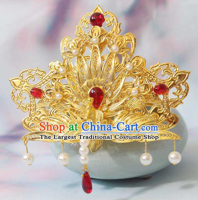 Chinese Traditional Hanfu Hair Accessories Ancient Princess Golden Phoenix Hairpin Classical Wedding Hair Crown Handmade Ming Dynasty Headpiece