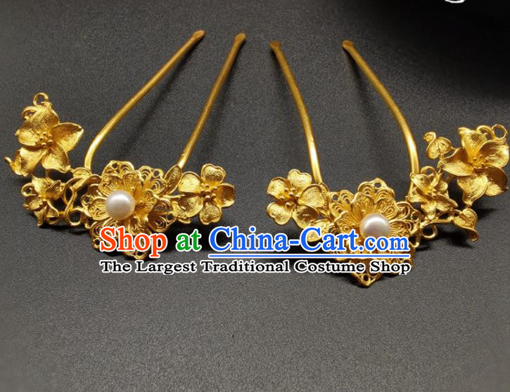Chinese Handmade Ming Dynasty Headpiece Traditional Hanfu Hair Accessories Ancient Princess Gilding Hairpin Classical Wedding Pearl Hair Comb