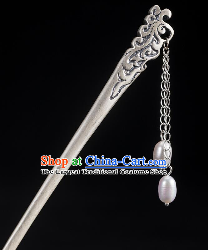 Chinese Handmade Silver Carving Hairpin Classical Pearl Tassel Hair Stick Cheongsam Headpiece Traditional Hair Accessories
