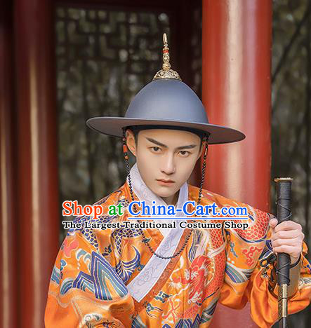 Chinese Traditional Fly Fish Cloth Headwear Ming Dynasty Imperial Guard Hat Ancient Swordsman Saucer Helmet