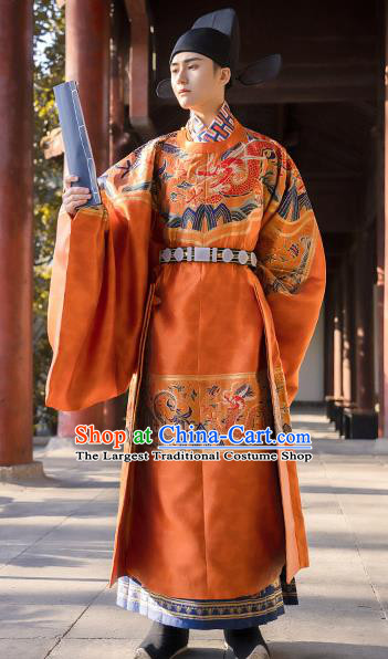 China Traditional Historical Clothing Ancient Young Male Orange Hanfu Robe Ming Dynasty Official Garment Costume