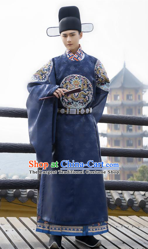 China Traditional Ming Dynasty Official Historical Clothing Ancient Embroidered Navy Hanfu Robe Wedding Costume for Men