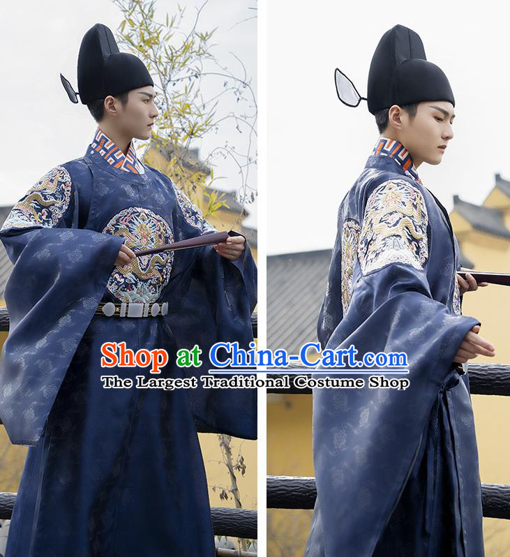 China Traditional Ming Dynasty Official Historical Clothing Ancient Embroidered Navy Hanfu Robe Wedding Costume for Men