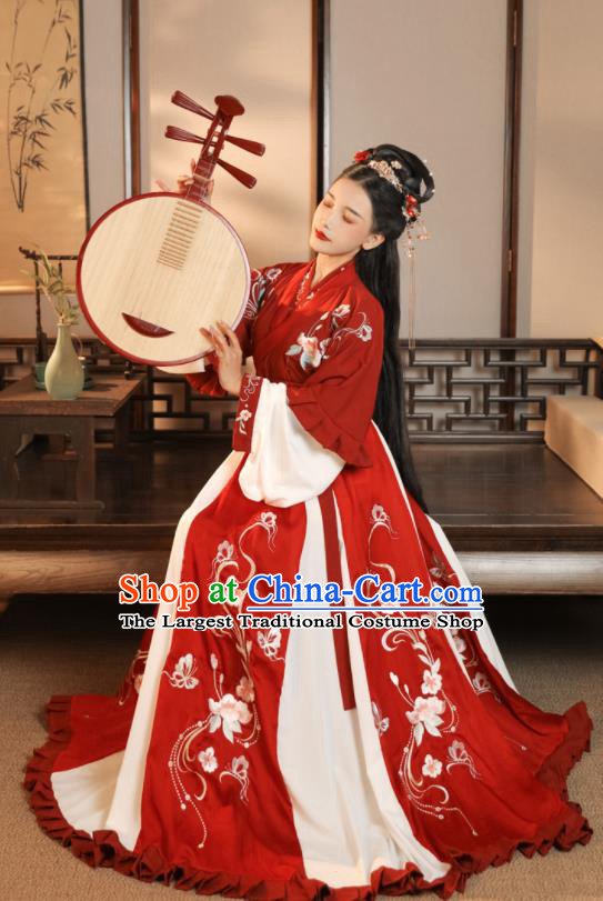 China Ancient Royal Princess Embroidered Red Hanfu Dress Jin Dynasty Palace Lady Clothing Traditional Historical Garment Costumes