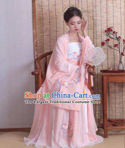 China Ancient Young Woman Pink Hanfu Dress Garments Traditional Song Dynasty Noble Beauty Historical Clothing Full Set
