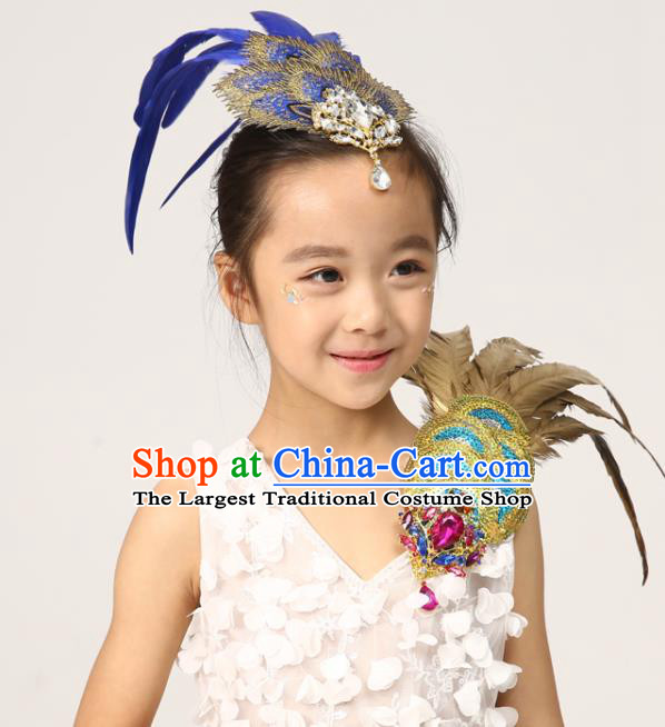 Professional Peacock Dance Royalblue Feather Hair Stick Girl Stage Performance Hair Crown Classical Dance Hair Accessories