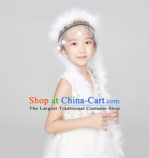 Professional China Ethnic Dance White Feather Headdress Girl Stage Performance Hair Crown Xinjiang Hui Nationality Dance Hair Accessories