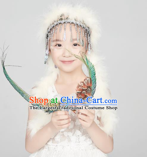 Professional China Xinjiang Hui Nationality Dance Hair Accessories Ethnic Dance White Feather Headdress Girl Stage Performance Hair Crown