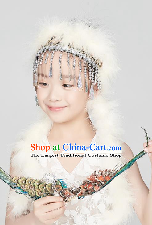 Professional China Xinjiang Hui Nationality Dance Hair Accessories Ethnic Dance White Feather Headdress Girl Stage Performance Hair Crown
