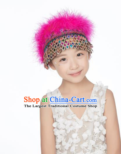 Professional China Yunnan Ethnic Dance Rosy Feather Headdress Girl Stage Performance Hair Crown Dai Nationality Dance Hair Accessories