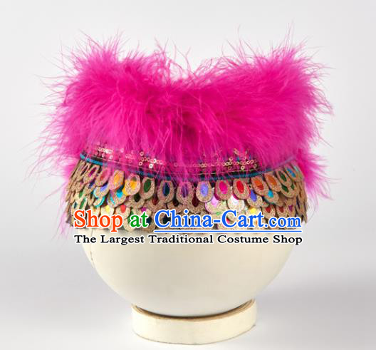 Professional China Yunnan Ethnic Dance Rosy Feather Headdress Girl Stage Performance Hair Crown Dai Nationality Dance Hair Accessories