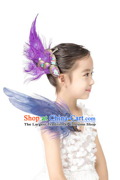 Professional Children Stage Performance Headpiece Classical Dance Hair Accessories Peacock Dance Purple Feather Hair Crown