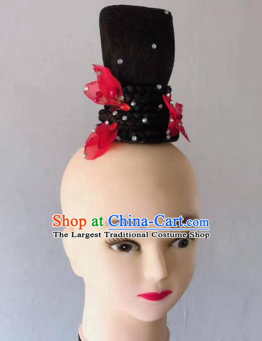 Handmade Chinese Classical Dance Hair Accessories Fan Dance Headpieces Woman Solo Dance Wigs Chignon