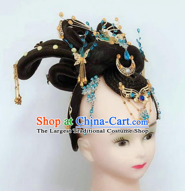 Handmade Chinese Woman Solo Dance Wigs Chignon Classical Dance Hair Accessories Flying Apsaras Dance Headpieces
