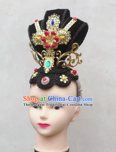 Handmade Chinese Flying Apsaras Dance Headpieces Woman Hanfu Dance Wigs Chignon Classical Dance Hair Accessories