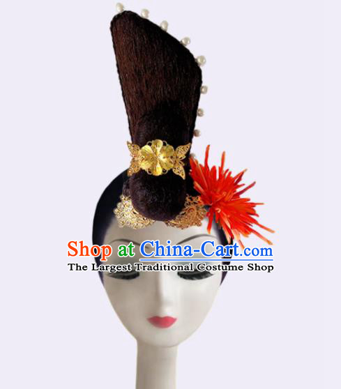 Handmade Chinese Woman Solo Dance Wigs Chignon Classical Dance Hair Accessories Stage Performance Hairpiece