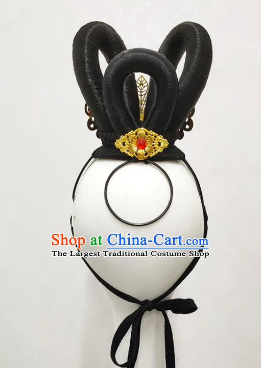 Handmade Chinese Stage Performance Hairpieces Woman Flying Apsaras Dance Wigs Chignon Classical Dance Hair Accessories