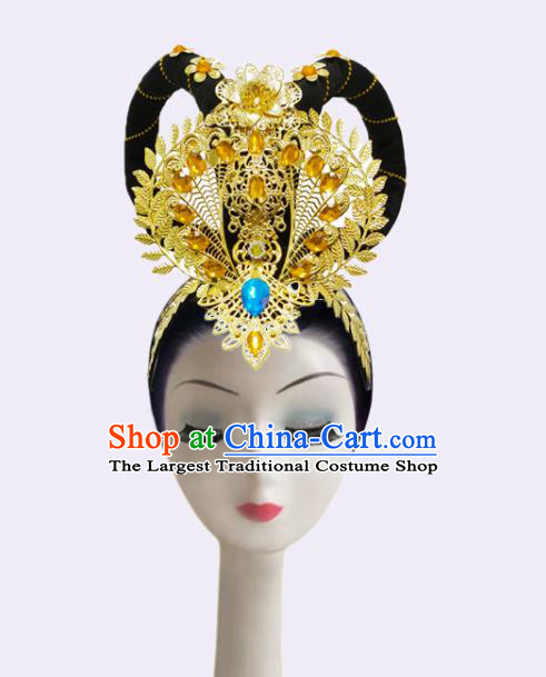 Handmade Chinese Woman Flying Apsaras Dance Wigs Chignon Classical Dance Hair Accessories Stage Performance Fairy Hairpieces