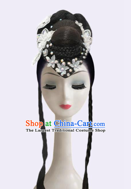 Handmade Chinese Classical Dance Hair Accessories Fan Dance Headpieces Stage Performance Wigs Chignon