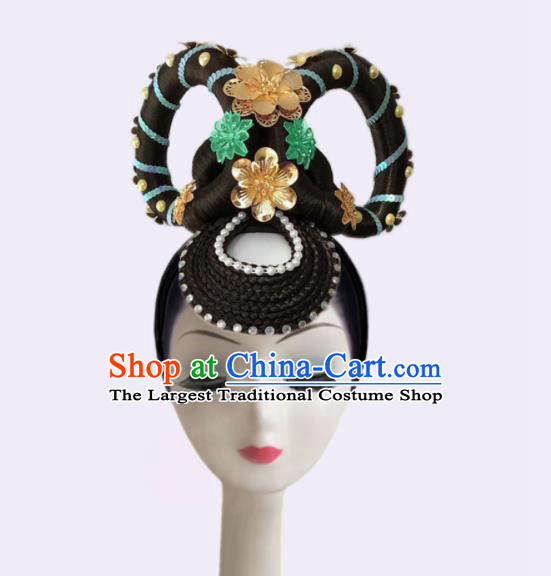 Handmade Chinese Flying Fairy Dance Hairpieces Classical Dance Wigs Chignon Dunhuang Apsaras Dance Hair Accessories