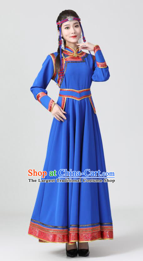 China Mongol Nationality Dance Clothing Woman Group Dance Garment Ethnic Costumes Mongolian Performance Blue Dress