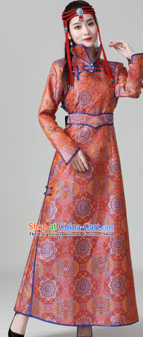 China Ethnic Red Brocade Dress Mongolian Performance Long Robe Mongol Nationality Folk Dance Clothing Woman Group Dance Garment