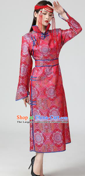 China Woman Group Dance Garment Ethnic Rosy Brocade Dress Mongolian Performance Long Robe Mongol Nationality Folk Dance Clothing