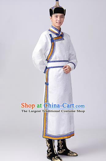 Chinese Mongol Nationality Dance White Robe Mongolian Ethnic Male Garment Costume Minority Stage Performance Clothing