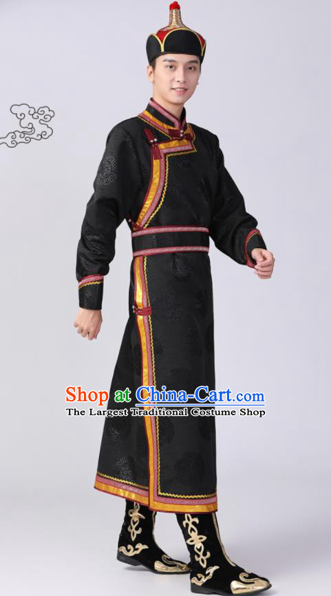 Chinese Minority Stage Performance Clothing Mongol Nationality Dance Black Robe Mongolian Ethnic Male Garment Costume