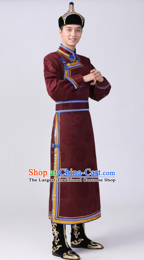 Chinese Mongolian Ethnic Dance Garment Costume Minority Folk Dance Clothing Mongol Nationality Male Performance Brownish Red Robe
