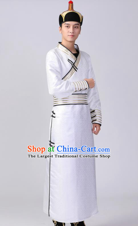 Chinese Minority Ethnic Folk Dance Clothing Mongol Nationality White Robe Mongolian Performance Garment Costume